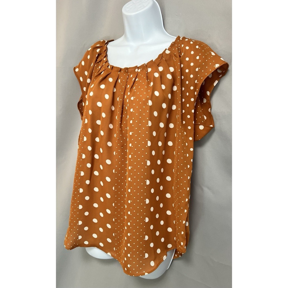 Lauren Conrad mustard orange top Blouse‎ Polka Dots Flowy Relaxed Sz Large - Picture 2 of 10